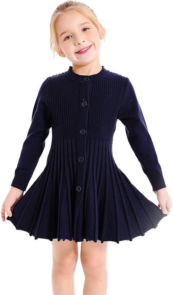 SMILING PINKER Little Girls Pleated Dress School Uniform Long Sleeve Button Front Knit Sweater Dr... | Amazon (US)
