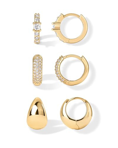 PAVOI 18K Yellow Gold Plated Sterling Silver Posts Three Pairs Huggie Hoop Earrings for Women - Triple Gold Hoop Earring Pack with Cubic Zirconia - Chunky Dome Pave Huggie Piercing Statement Jewelry Set | Amazon (US)
