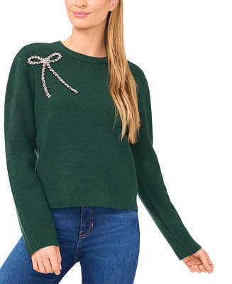 Women's Oversized Crewneck Bow Appliqué Long-Sleeve Sweater | Macy's
