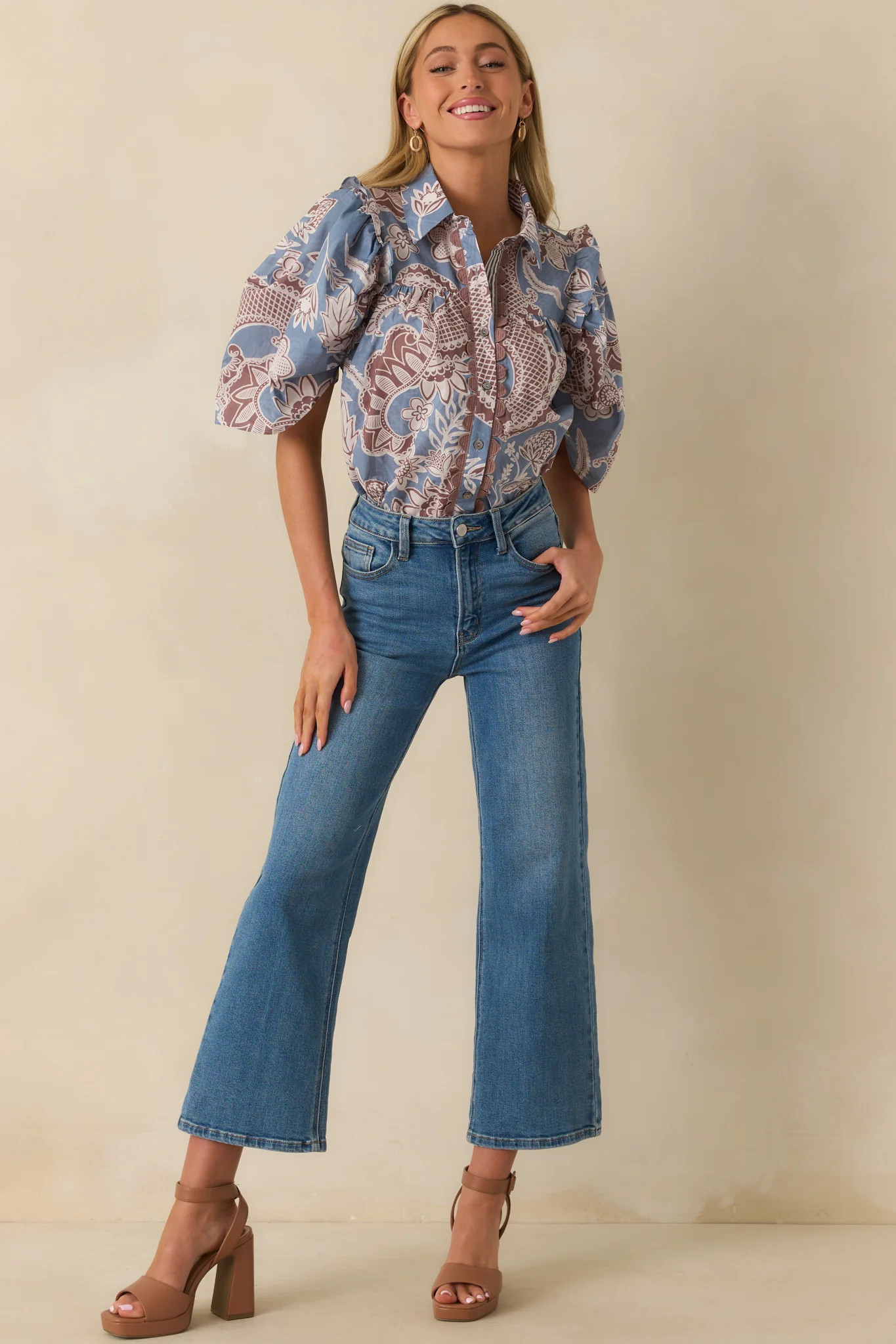 End Of Story Ash Blue Multi Paisley Floral Print Cotton Blouse | Red Dress