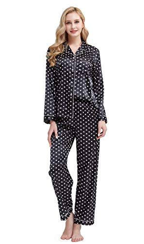 Women's Classic Satin Pajama Set Sleepwear Loungewear (Black and White Polka Dot, Small) | Amazon (US)