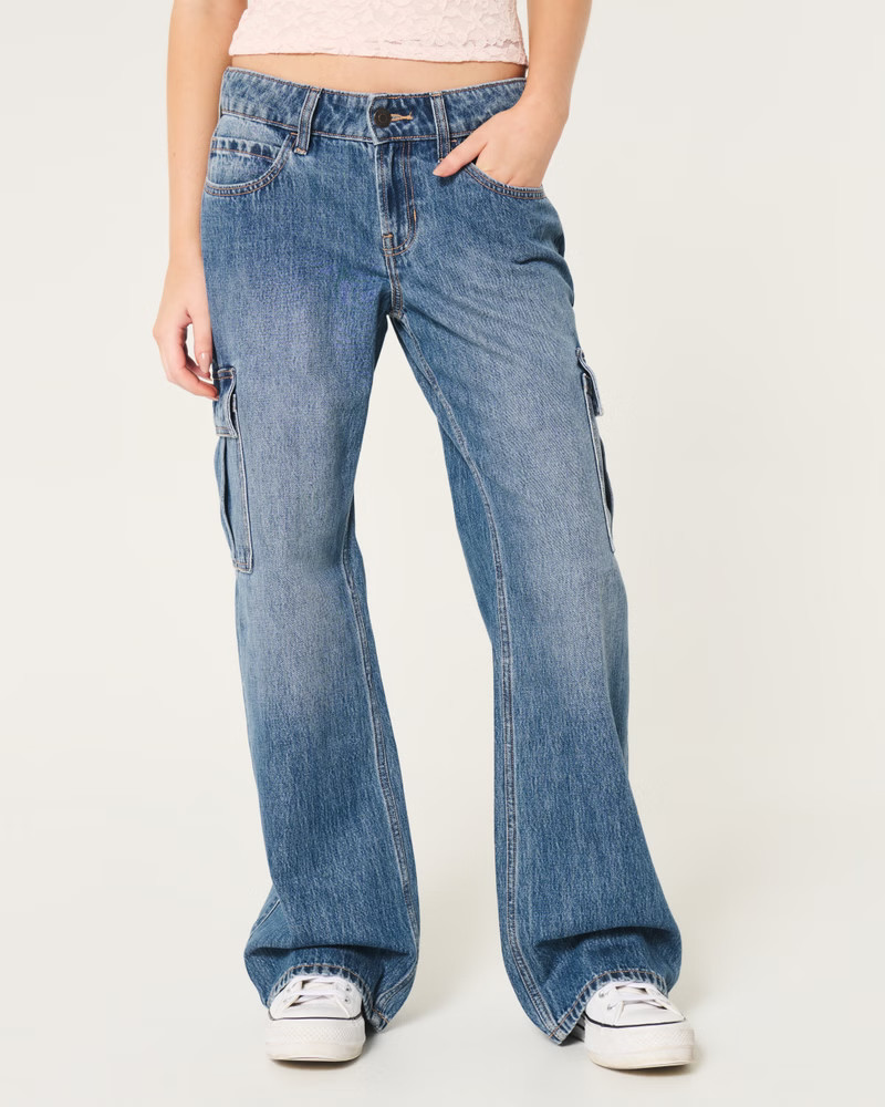 Low-Rise Medium Wash Cargo Baggy Jeans | Hollister (US)