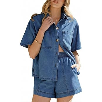 Sidefeel Womens 2 Piece Sets Deim Summer Outfits Comfy Short Sleeve Button Down Shirt High Waiste... | Amazon (US)