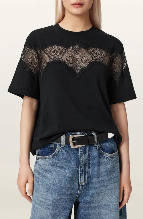 AllSaints Lisa Lace Panel T-Shirt in Black at Nordstrom, Size Medium | Nordstrom