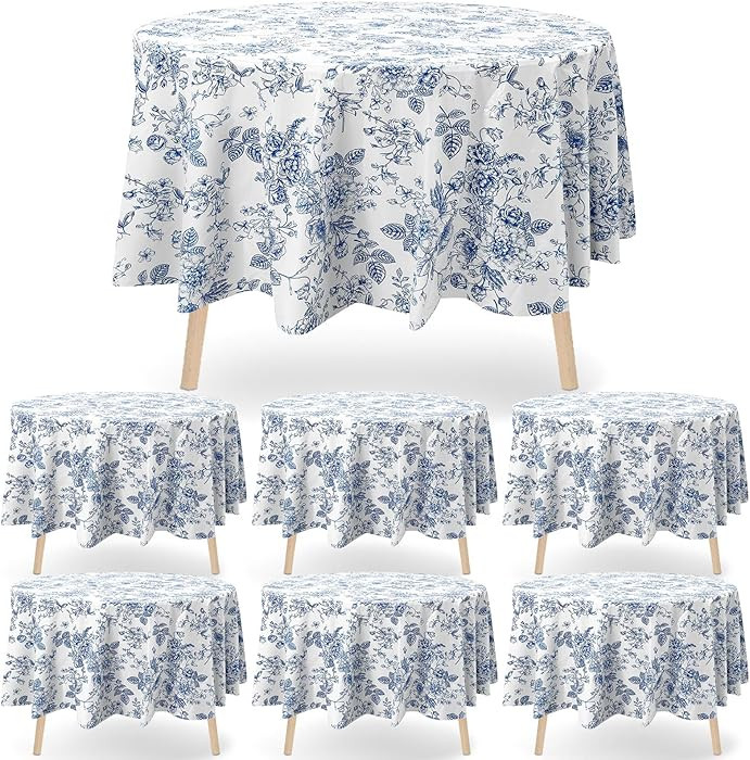 Ganeen 6 Pcs Blue Floral Plastic Tablecloth 84 Inch Round Vintage Floral Tablecloth Disposable Ro... | Amazon (US)