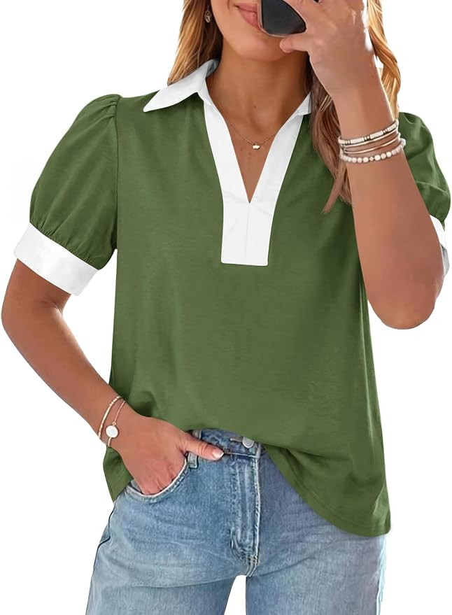 Tankaneo Womens Short Puff Sleeve Tops Summer Color Block Blouses Shirts | Color Block,Striped,Ca... | Amazon (US)