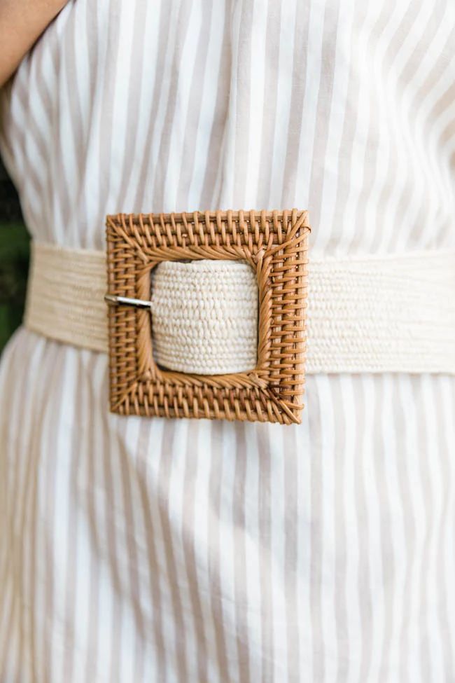 CAITLIN COVINGTON X PINK LILY The Winnie Square Buckle Rattan Beige Belt | The Pink Lily Boutique