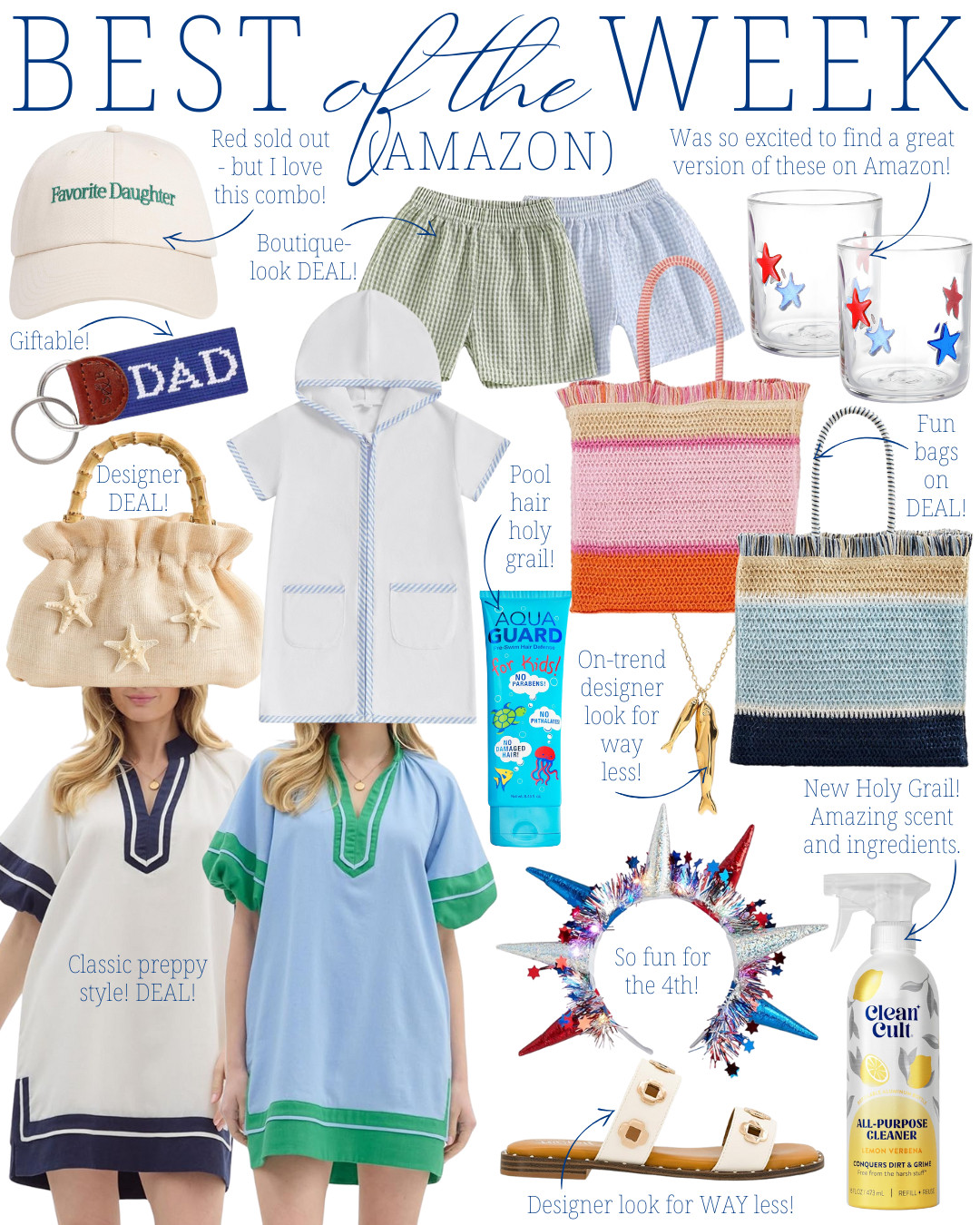 Amazon summer finds | Fourth of July style | Preppy beach outfit | Toddler swim cover up | Kids pool essentials | Classic tunic dress | Boutique-style Amazon | Designer dupe sandals | Starfish beach bag | Patriotic accessories | Amazon gift ideas | Summer entertaining | Lemon kitchen cleaner | Preppy family style | Coastal summer fashion 

 #LTKSummerEdit #LTKSeasonal #LTKHome