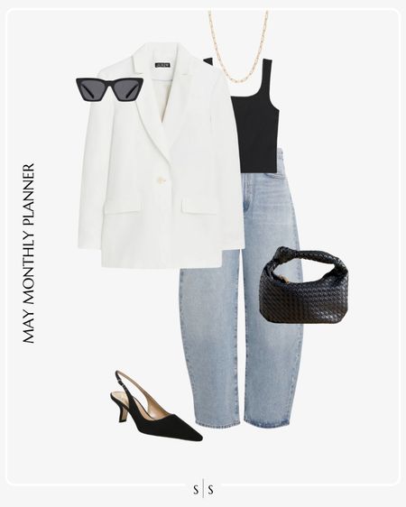 Monthly outfit planner: MAY: Spring looks | balloon jean, barrel jean, white blazer, tank top, sling back pump, woven knot handbag 

Date night outfit 

See the entire calendar on thesarahstories.com ✨ 


#LTKstyletip
