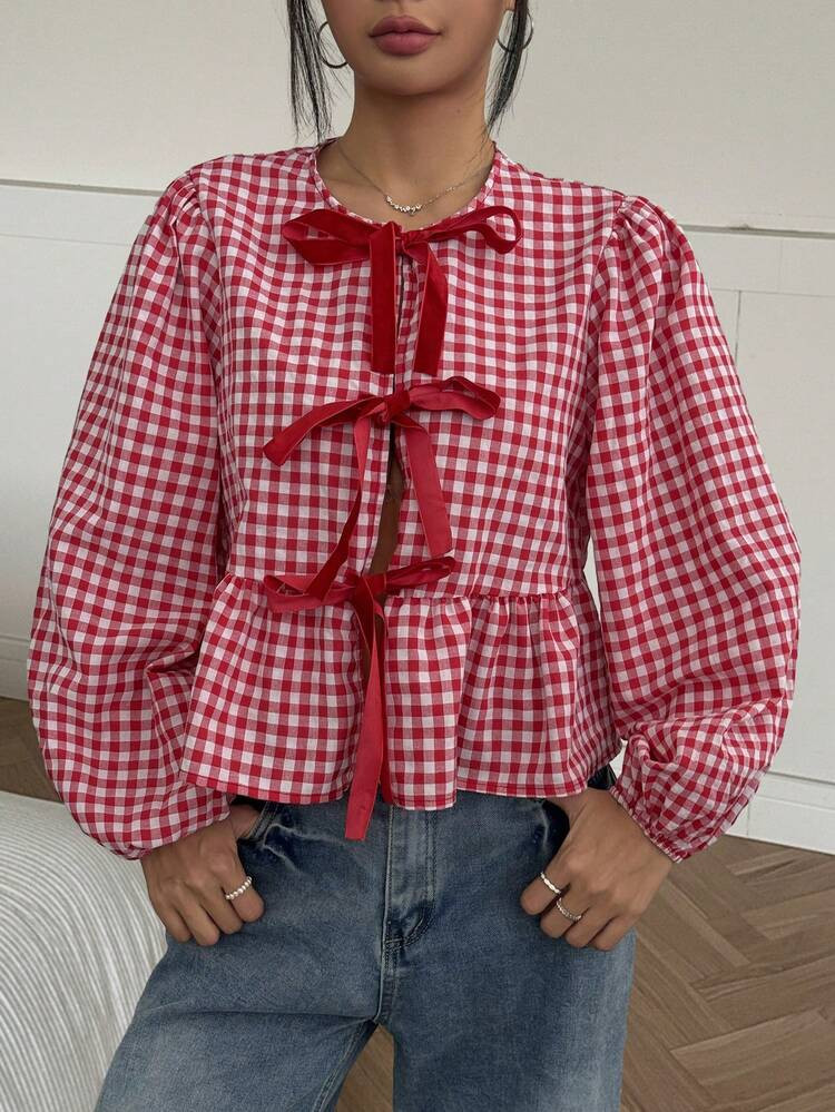 MainGRL 2025 New Arrival Summer Women's Western , Cowgirl Hippie Vintage Round Neck Gingham Print Top | SHEIN