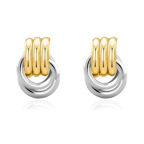 NIXMAX Chunky Small Knot Earrings Two Tone Geometric Earrings for Women Dainty 14K Gold and Silver Plated Dangle Drop Earrings Hypoallergenic Lightweight Fashion Trendy Jewelry (Double,Mixed Metal) | Amazon (US)