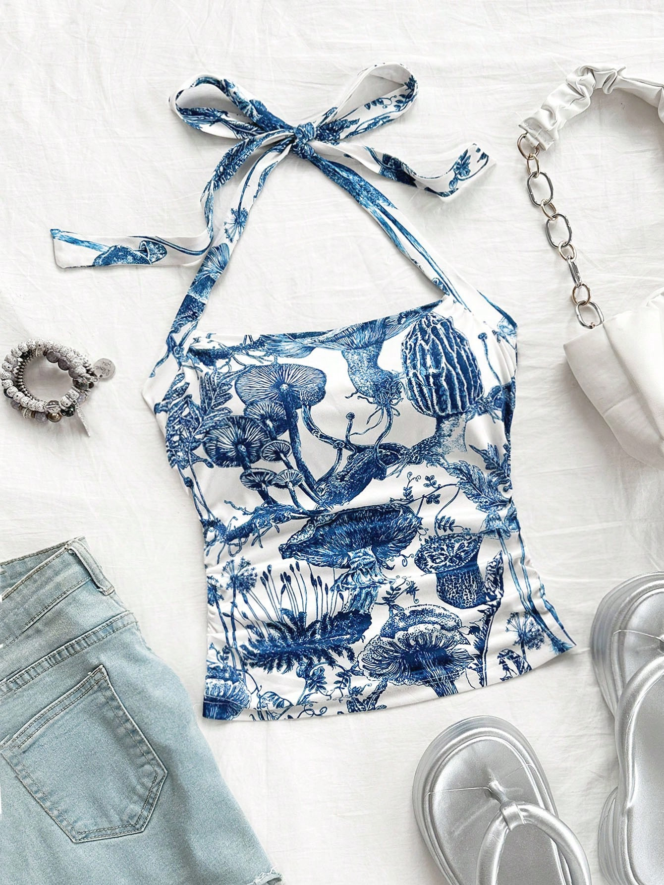 SHEIN WYWH Vacation Style Ladies'  Printed Side Pleated Sleeveless Top With White Woven Neckline ... | SHEIN