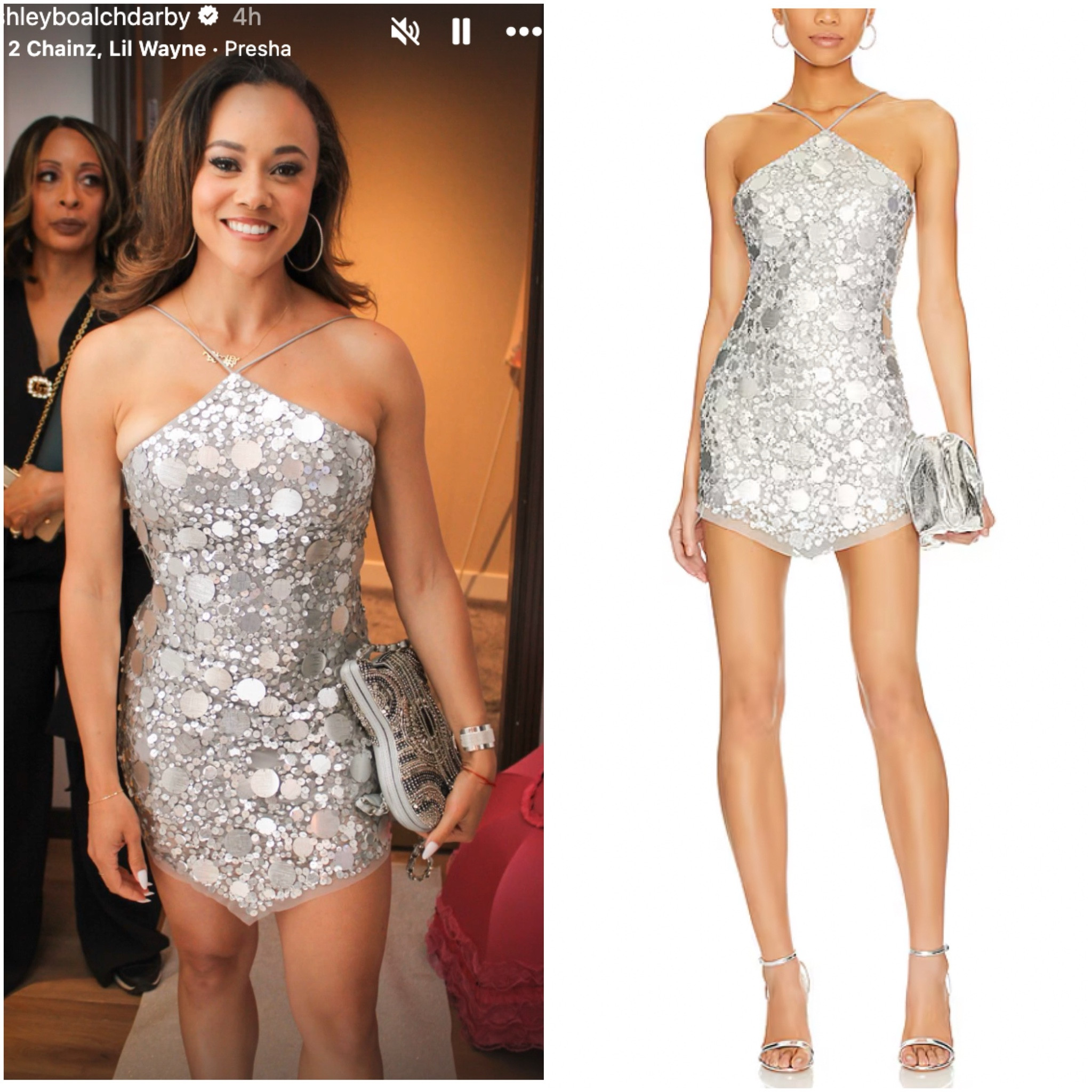 Ashley Darby’s Silver Disc Sequin Mini Dress 📸 = @ashleyboalchdarby