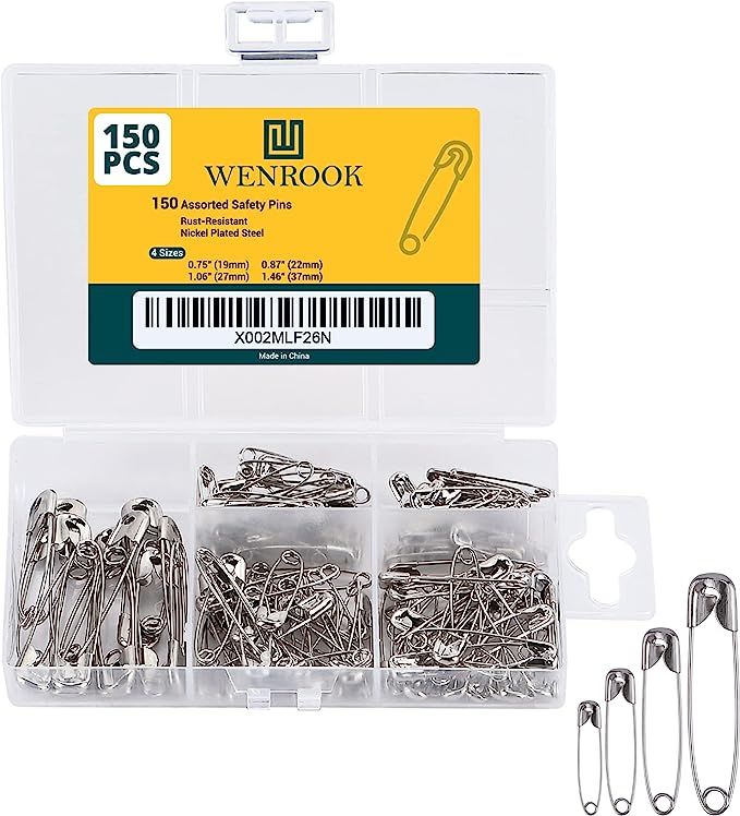 Wenrook Safety Pins Assorted 4-Size Pack of 150 - Strong Nickel Plated Steel, Rust Resistant, Hea... | Amazon (US)