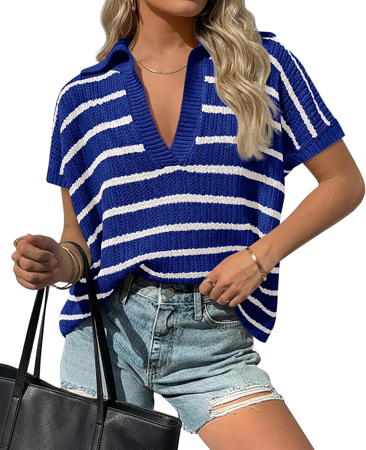 Saodimallsu Womens Striped Short Sleeve Sweater Summer V Neck Pullover Tops | Amazon (US)