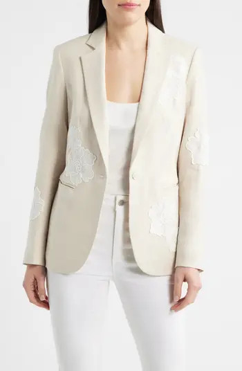 Floral Appliqué Linen Blend Blazer | Nordstrom