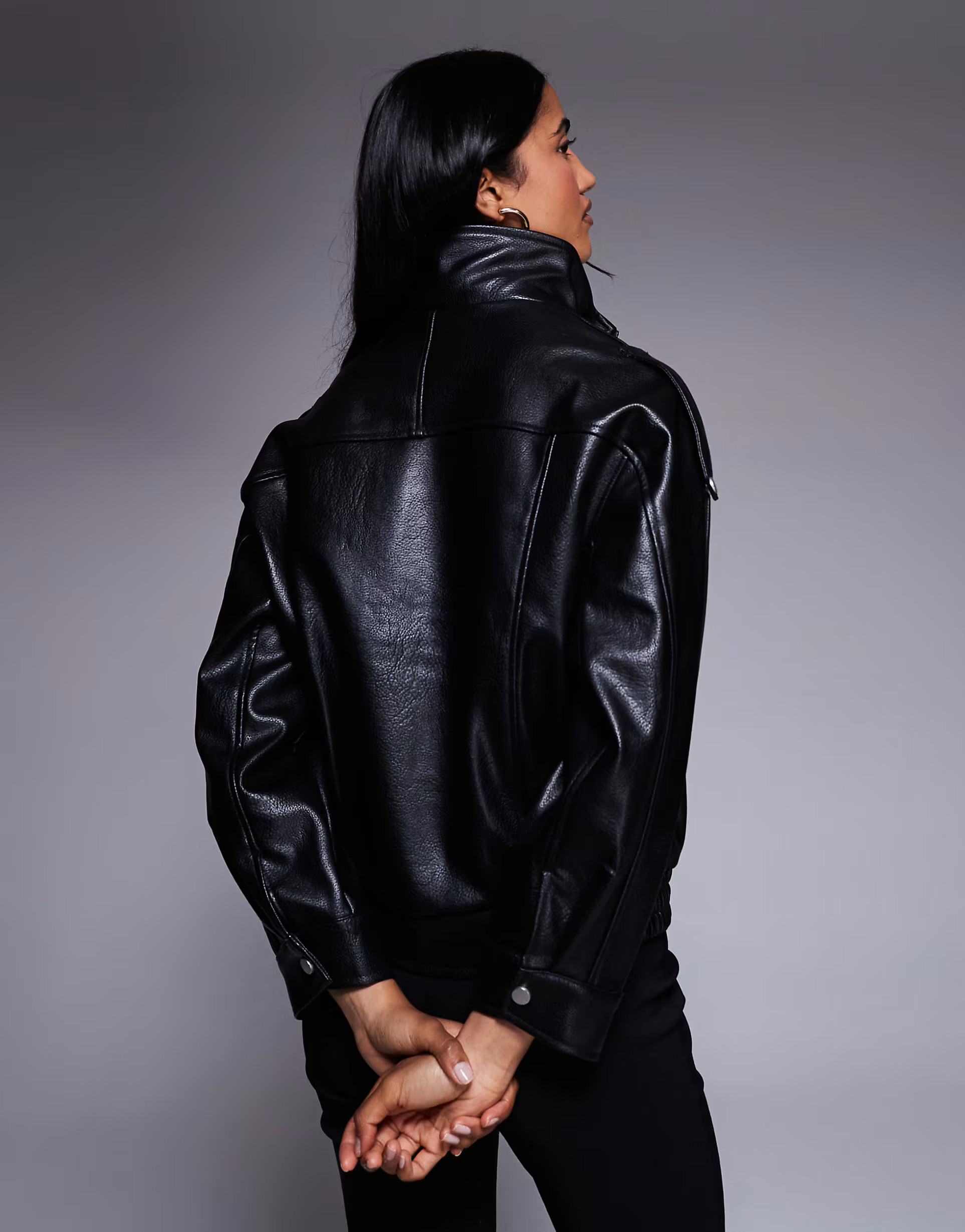 River Island batwing sleeve funnel neck faux leather jacket in black | ASOS (Global)