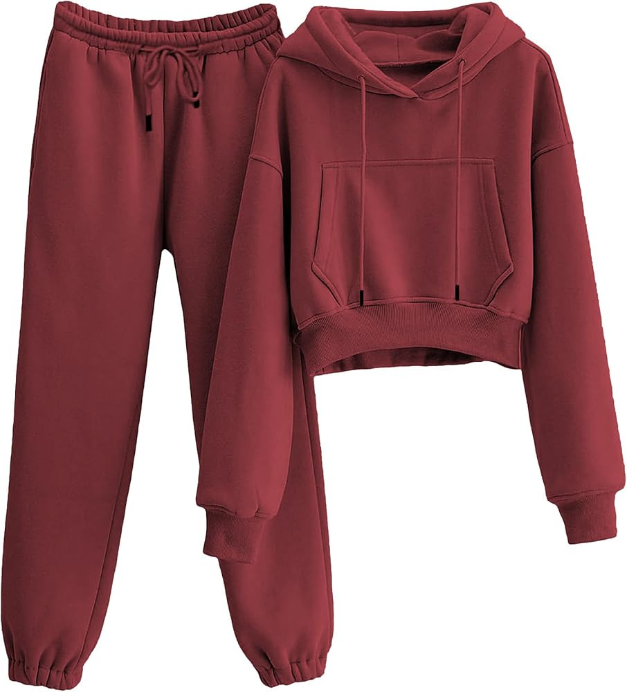 Womens Fleece 2 Piece Outfits Sweatsuit Crop Hoodie Pullover Sweatshirt Joggers Sweatpants Set | Amazon (US)