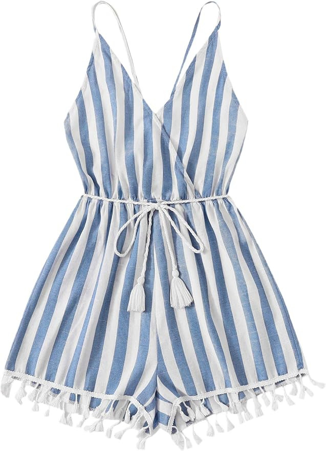 SweatyRocks Women's Boho Floral Print V Neck Beach Shorts Romper Jumpsuit With Belt | Amazon (US)