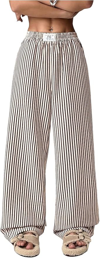 Women's Striped Wide Leg Pants Elastic Waist Letter Patched Long Trousers with Pockets | Amazon (US)