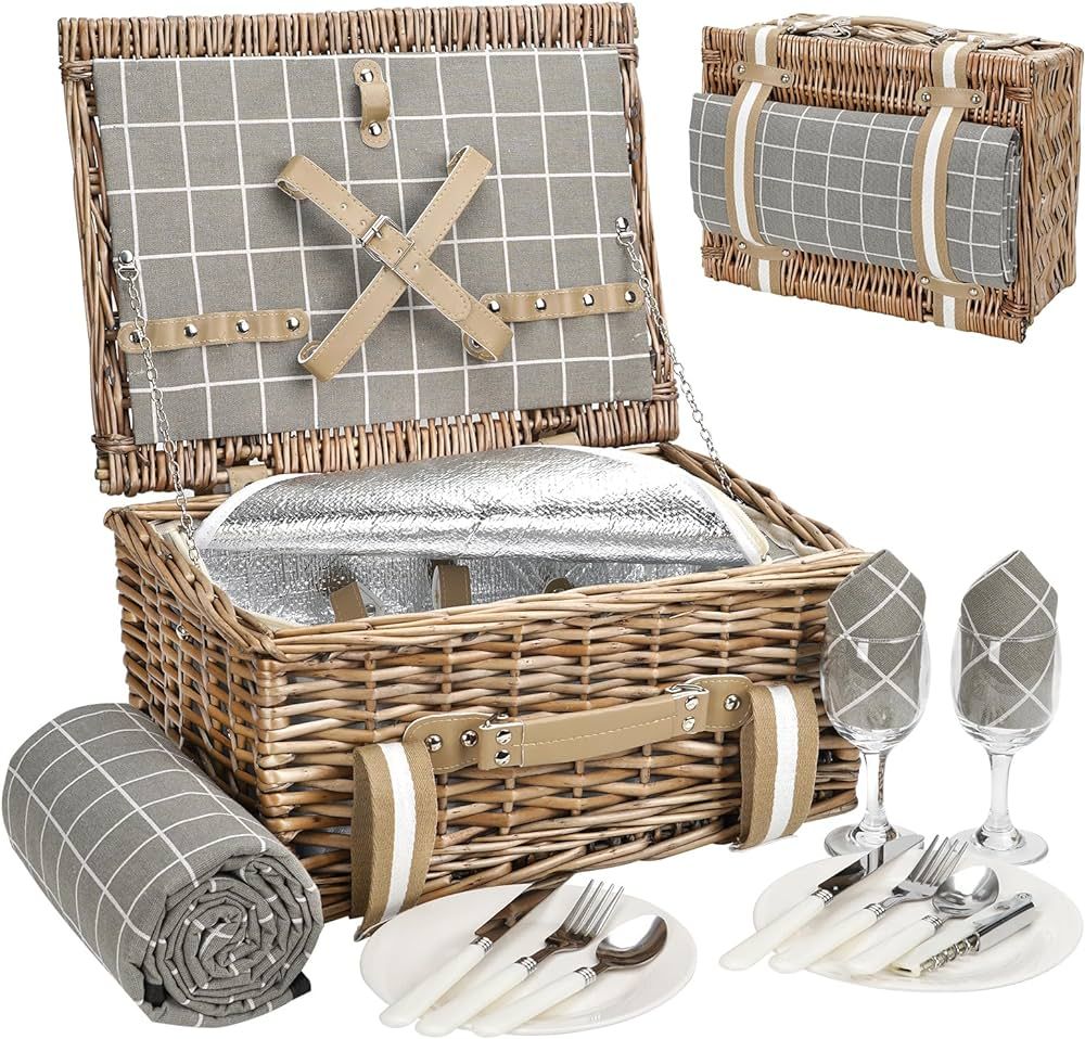 Wicker Picnic Basket for 2 - Willow Basket with Waterproof Picnic Blanket | Willow Picnic Set wit... | Amazon (US)