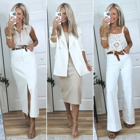 Classy summer outfits, use code “Nikki20” to save on the white denim skirt!