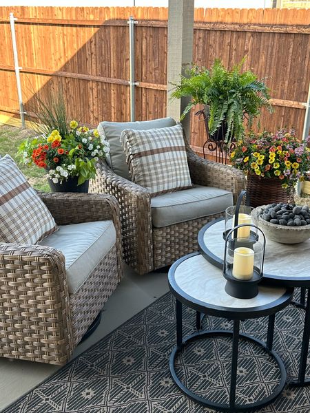 Back porch styling inspiration with cozy furniture, patterned outdoor rug, outdoor pillows, lanterns, table
Top fire bowl and beautiful plants 

#LTKSeasonal #LTKhome #LTKstyletip