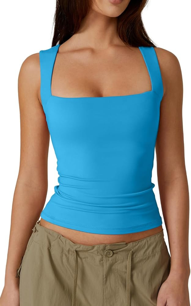 QINSEN Women's Square Neck Sleeveless Double-Layer Tank Tops Basic Tight T Shirts | Amazon (US)