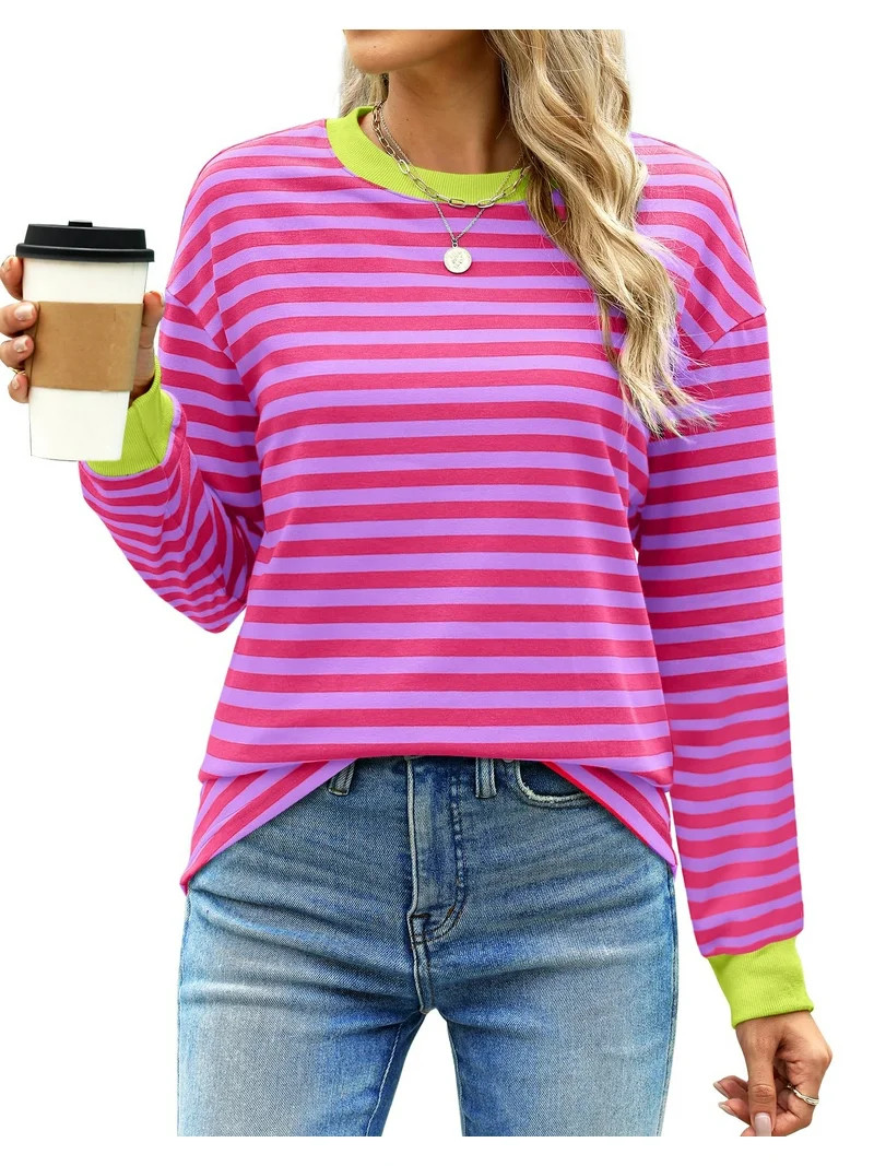 Fantaslook Striped Long Sleeve Shirts for Women Crewneck Tunic Tops Color Block Blouses Fall Pull... | Walmart (US)
