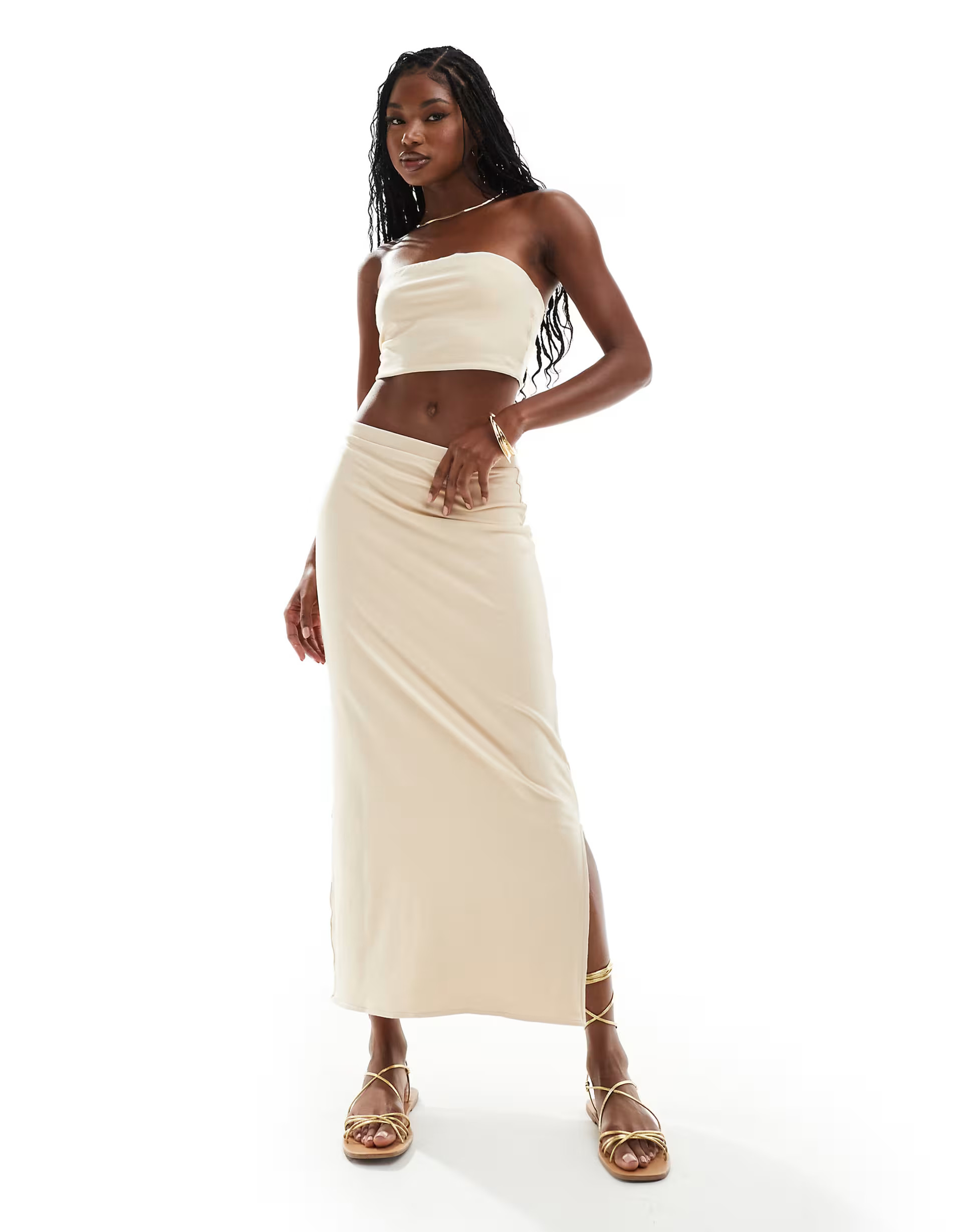 ASOS DESIGN co-ord set reversible slinky bandeau top and column maxi skirt in white and stone | ASOS (Global)