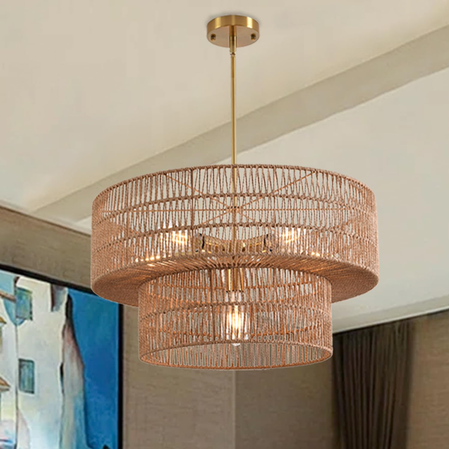 17.72" 4-Light Boho Rattan Chandelier, Hand Woven Farmhouse Pendant Light for Kitchen, Bedroom, D... | Amazon (US)