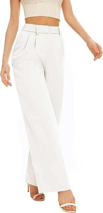 Women Office Wide High Waist Pants Loose Fit Elastic Waist Pleated Front Trousers for Work Casual | Amazon (US)