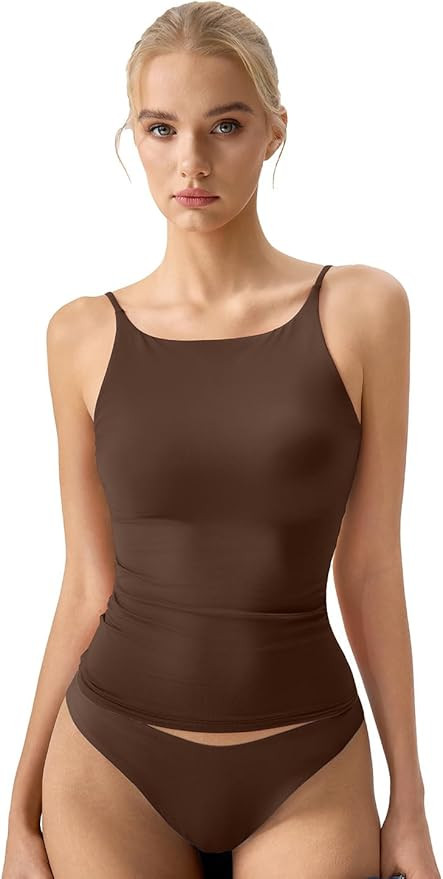 QINSEN Womens Double Lined Tank Tops Boat Neck Adjustable Spaghetti Straps Bodycon Camisole Shirt... | Amazon (US)