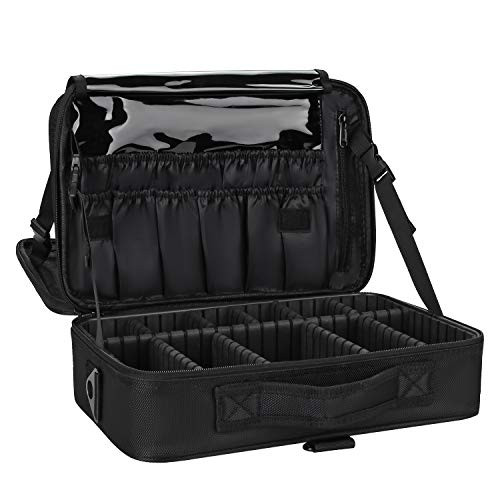 Relavel Makeup Bag Travel Makeup Train Case 13.8 inches Large Cosmetic Case Professional Portable Makeup Brush Holder Organizer and Storage with Adjustable Dividers and Shoulder Strap Black | Amazon (US)