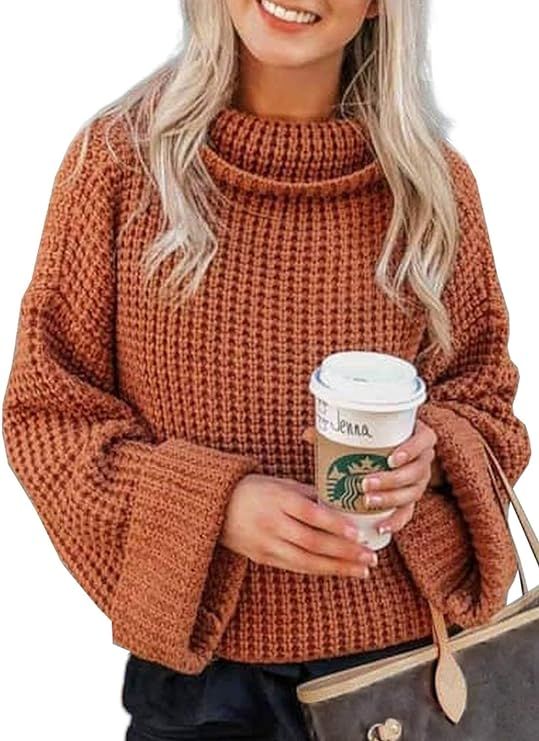 BLENCOT Womens Turtleneck Pullover Sweaters Batwing Long Sleeve Loose Chunky Knitted Jumpers Tops | Amazon (US)