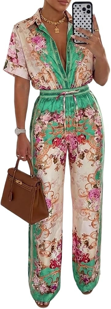 CHICME Womens Jumpsuit Boho Floral Wide Leg Vacation Outfit | Amazon (US)