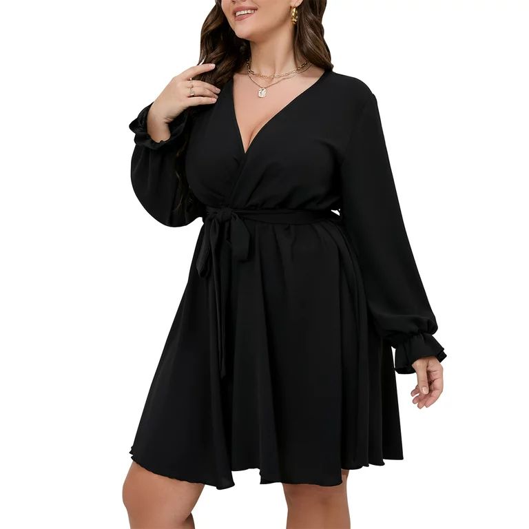 SCOMCHIC Women Wrap V Neck Dresses for Wedding Guest Casual A Line Long Sleeve Mini Dress Black X... | Walmart (US)