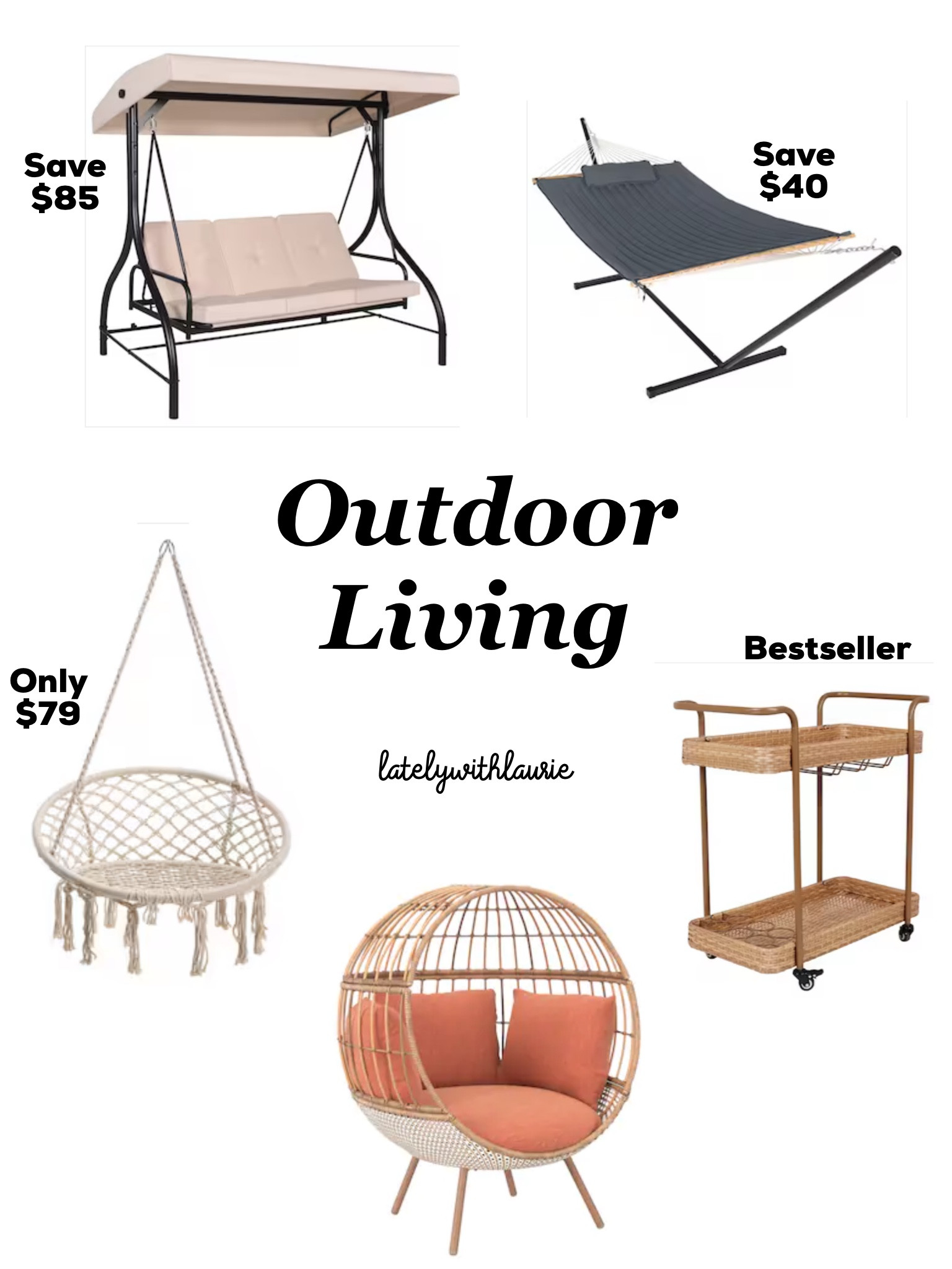 Great deals on all of these patio furniture pieces! Outdoor living, egg chair, bar cart, swing, glider, hammock. Perfect for by the pool, gardens, home decor and more 

#LTKhome #LTKfamily #LTKkids