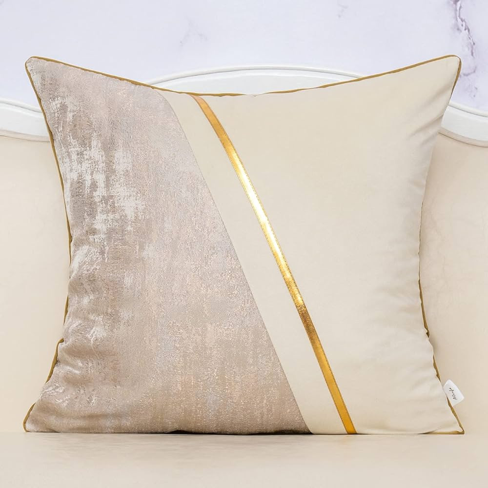Alerfa 20 x 20 Inch Off White Beige Gold Leather Patchwork Velvet & Polyester Cushion Case Luxury... | Amazon (US)