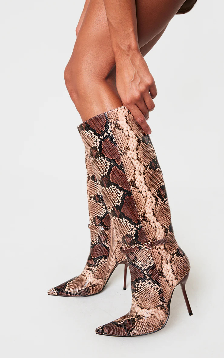 Snake PU Point Toe Knee High Stiletto Heeled Boots | PrettyLittleThing UK