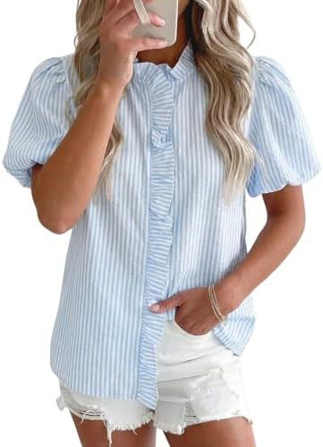 Astylish Women Striped Blouses Spring Summer Ruffle Collar Puff Sleeve Button Down Shirts Busines... | Amazon (US)