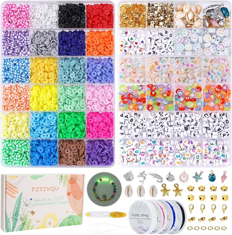 7200 Pcs Clay Beads 2 Boxes Friendship Bracelet Making Kit 24 Colors Letter Beads Flat Disc Heish... | Amazon (US)