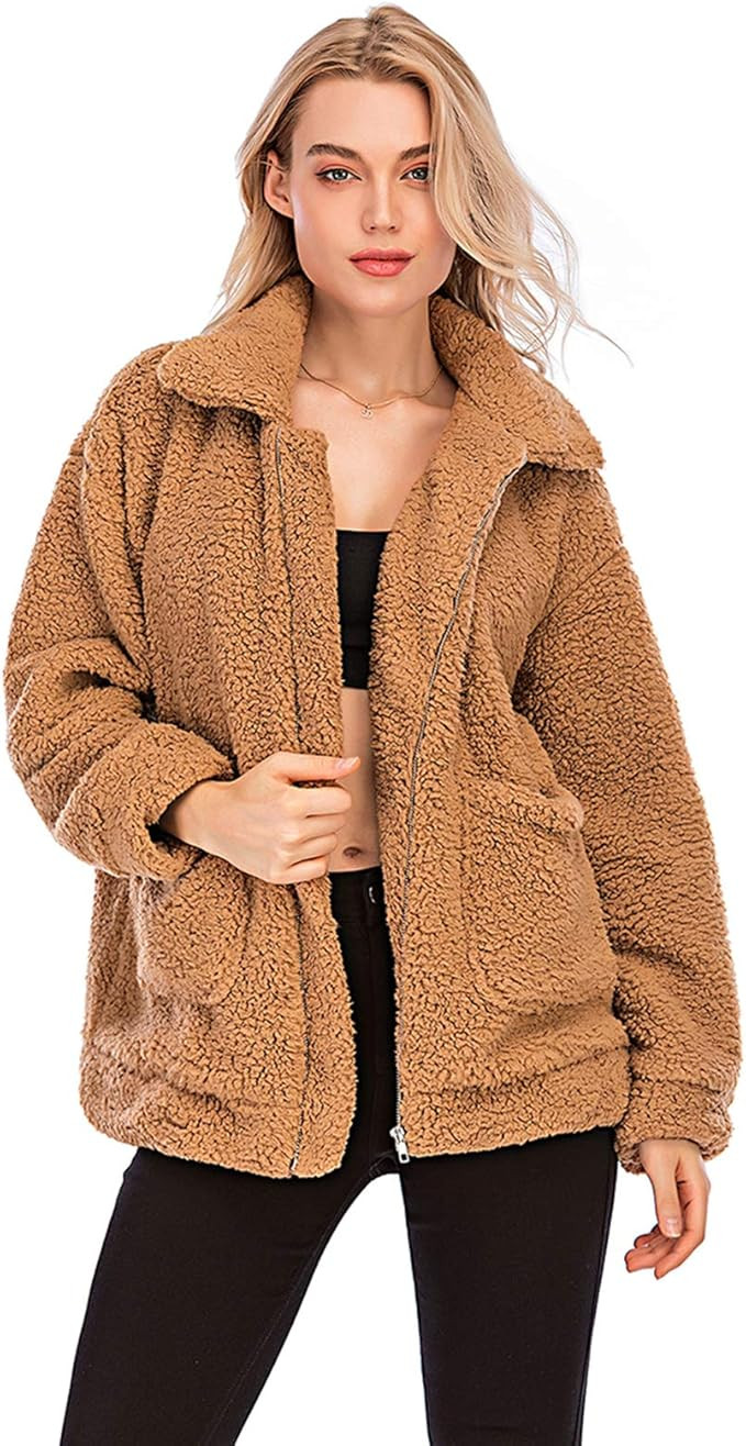 Womens Faux Shearling Jacket, Casual Lapel Fleece Fuzzy Jacket Shaggy Oversized Jacket Fashion Ca... | Amazon (US)
