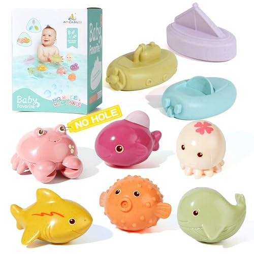BYKASIST No Hole Bath Toys - 9 PCS Animal and Floating Boats Bath Toys for Babies 6-12 Months, Baby Bathtub Pool Shower Toys Presents for Toddlers Infants Girls Boys | Amazon (US)