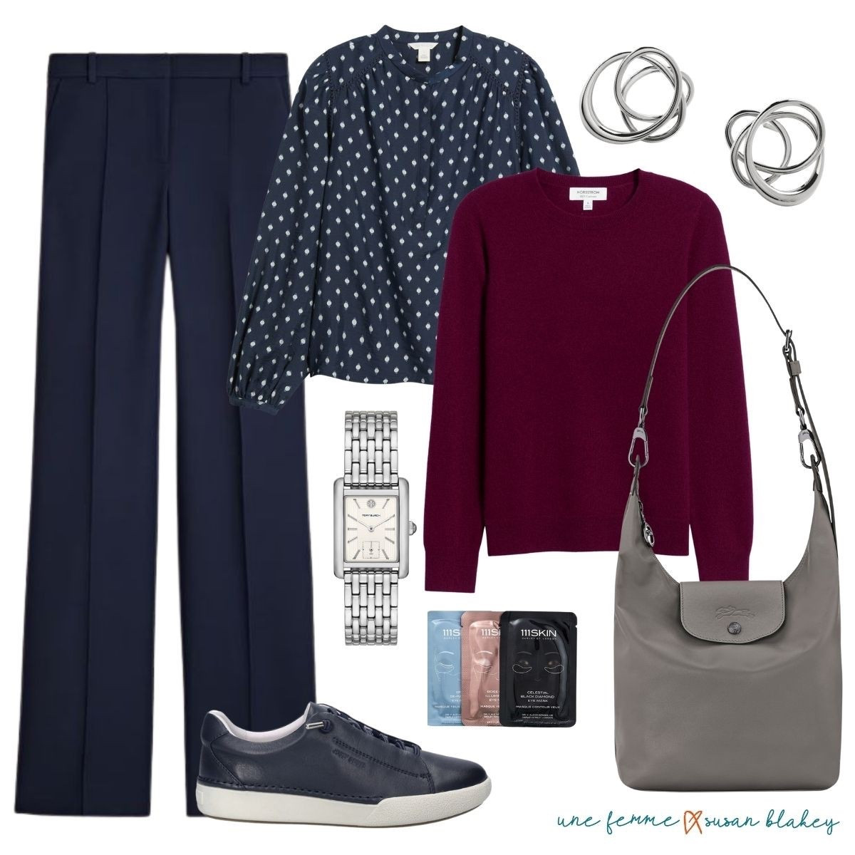Cool palette classics, layered up for travel ✈️ I started with navy trousers and a playful polka dot blouse, then added a burgundy sweater over the top for cozy contrast. Navy sneakers keep it comfortable for walking, but still coordinated and chic. Simple pieces, smart layering, and just the right mix of comfort and polish—perfect for days on the go. 💙❤️✨

#LTKPetite #LTKOver40 #LTKSeasonal