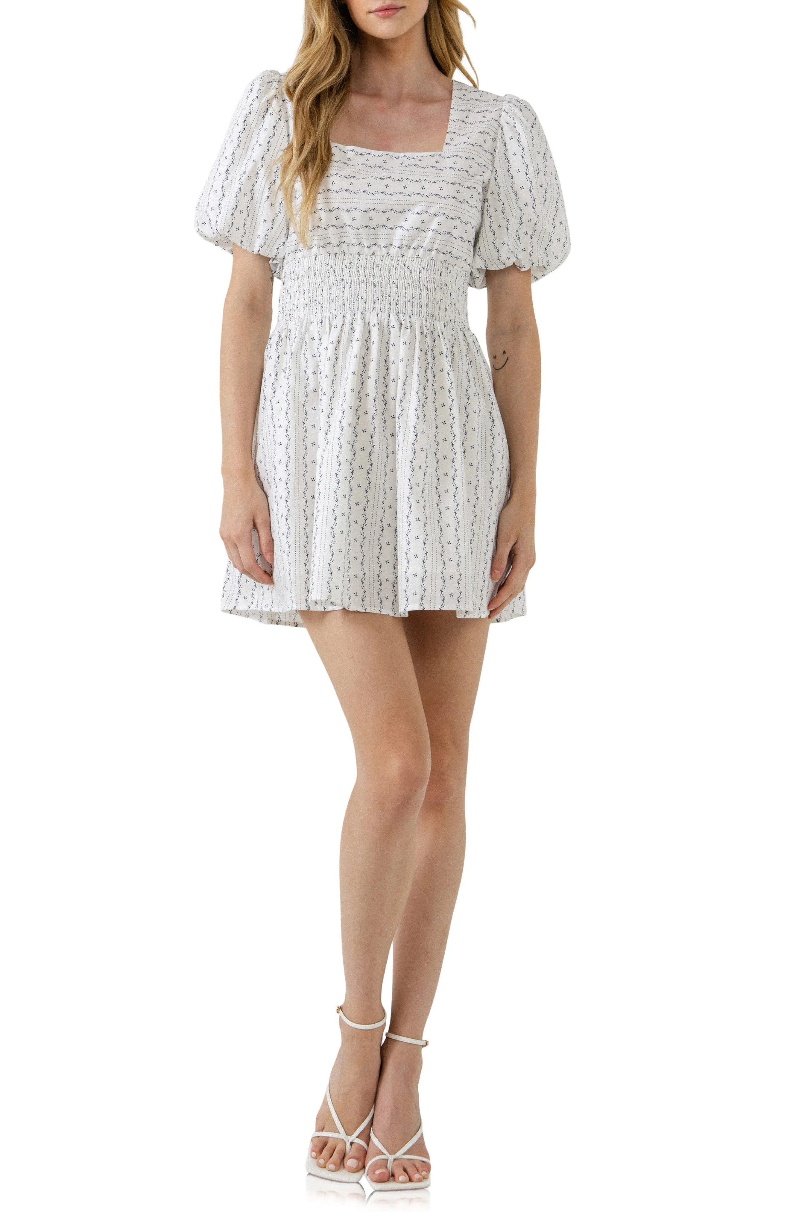 English Factory Floral Puff Sleeve Minidress in White/Navy at Nordstrom, Size X-Small | Nordstrom
