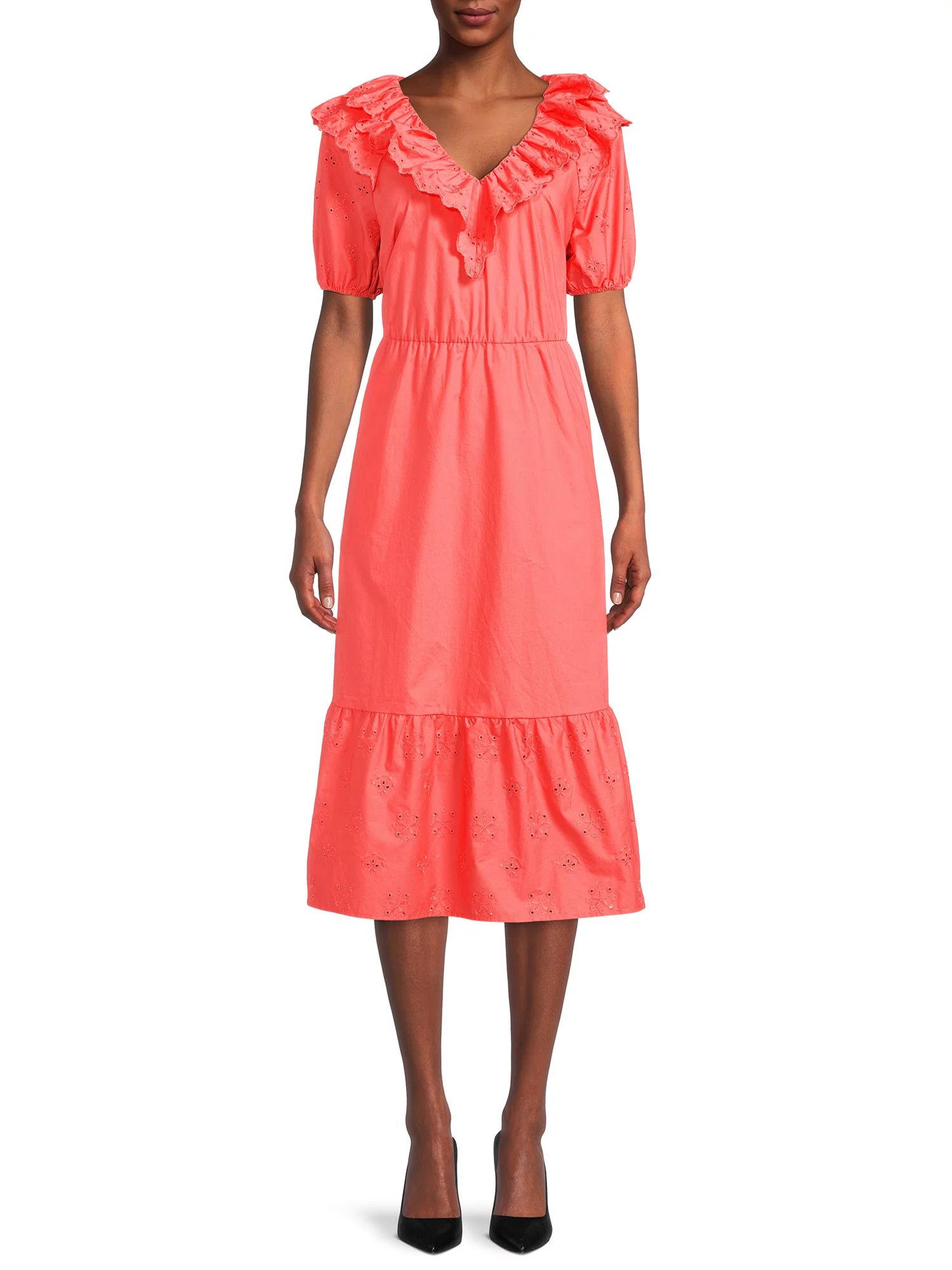 The Get Women's Eyelet Ruffle Midi Dress with Short Sleeves | Walmart (US)
