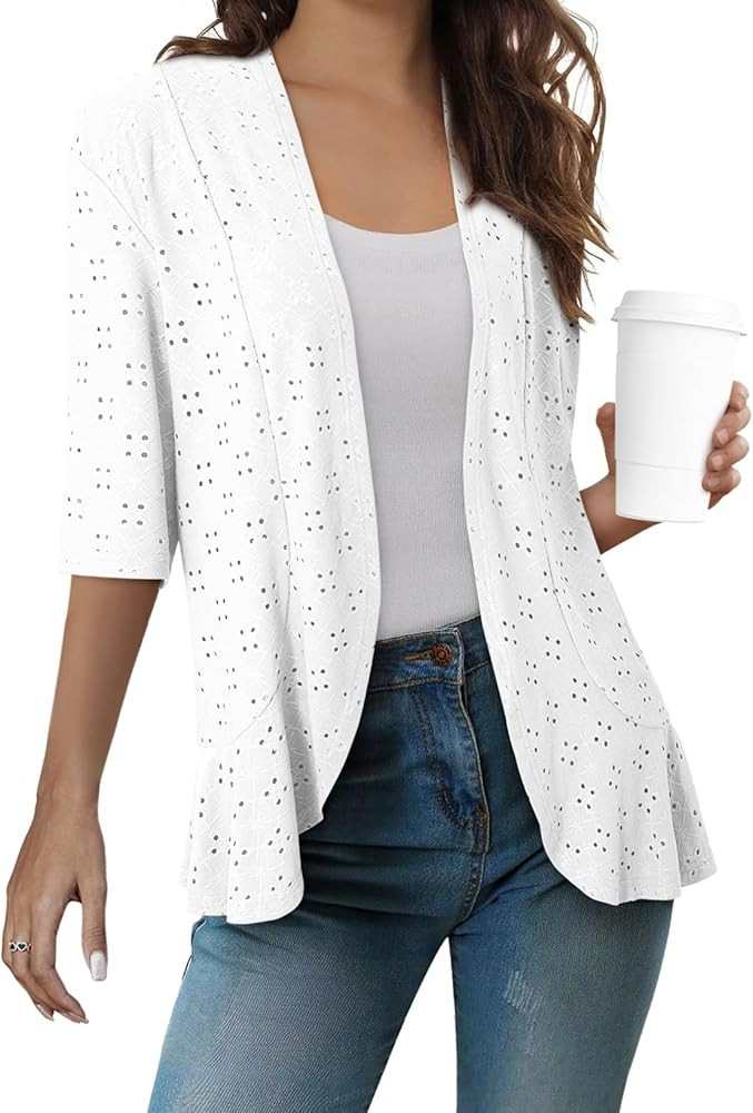 Sidefeel Lightweight Summer Cardigan for Women Spring Netted Knit Ruffle Half Sleeve Kimono Cover... | Amazon (US)