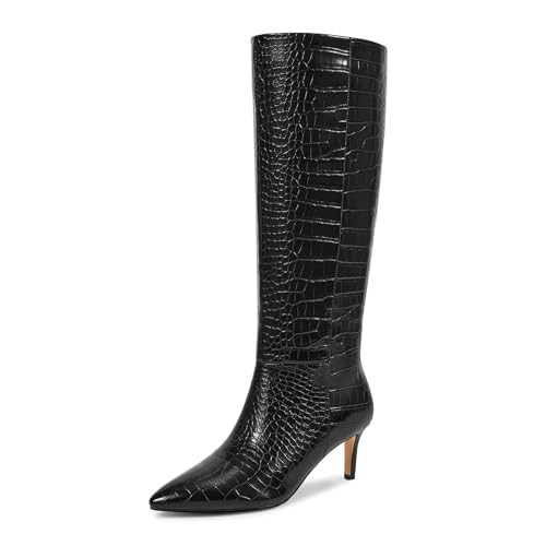 wetkiss Black Crocodile Knee High Boots for Women Womens Snake Knee High Boots Pointed Toe Tall Black Kitten Heel Boot | Amazon (US)