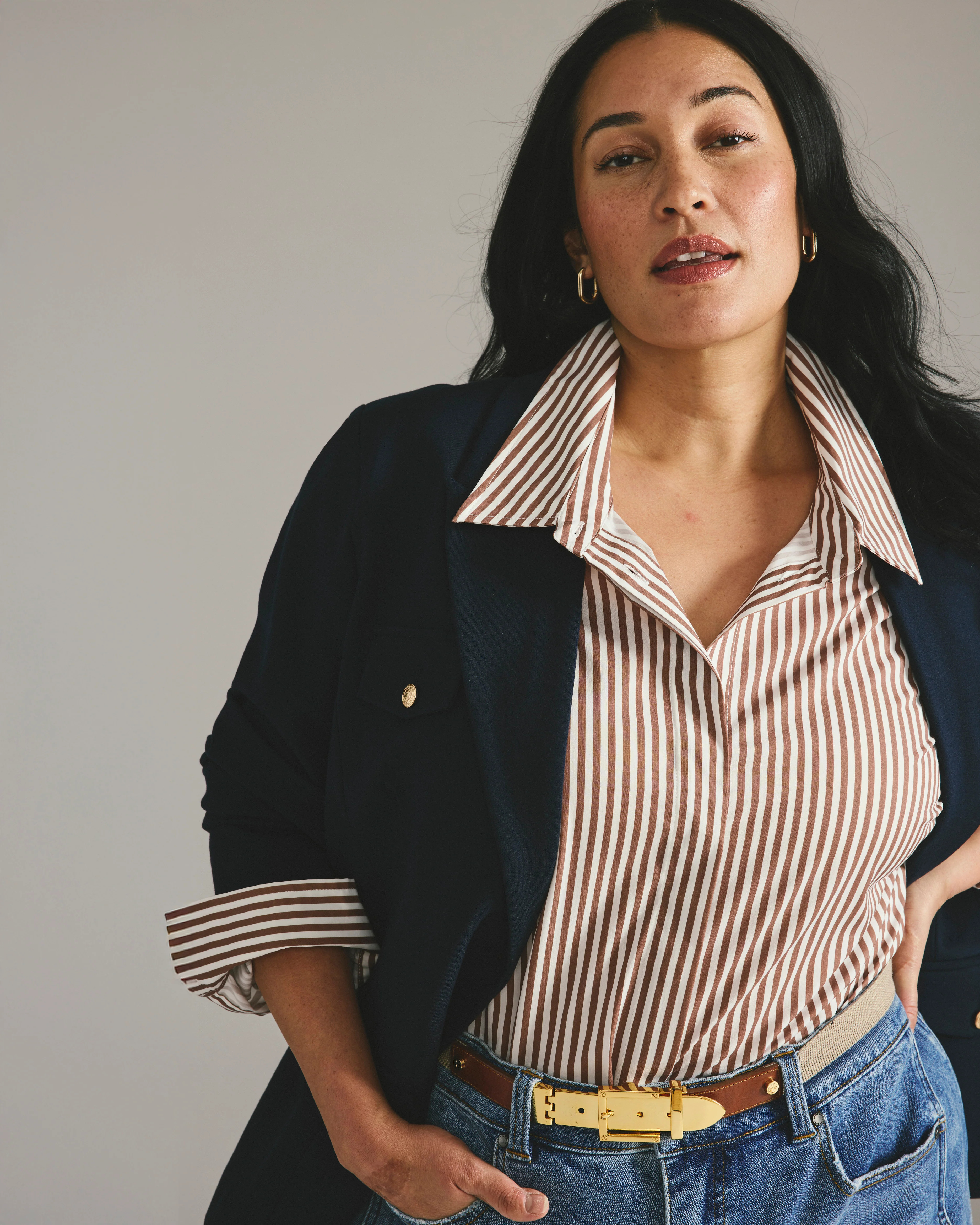 Elbe Stretch Poplin Shirt Classic Fit - Allspice/White Stripe | Universal Standard